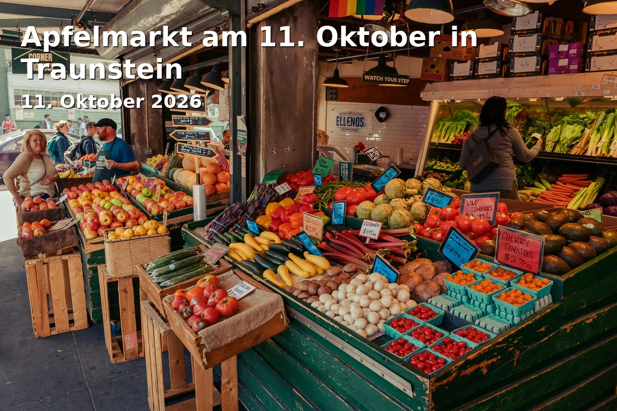 Event: Apfelmarkt am 11. Oktober in Traunstein in Stadtplatz Traunstein, Stadtplatz, 83278 Traunstein on 11. Oktober 2026