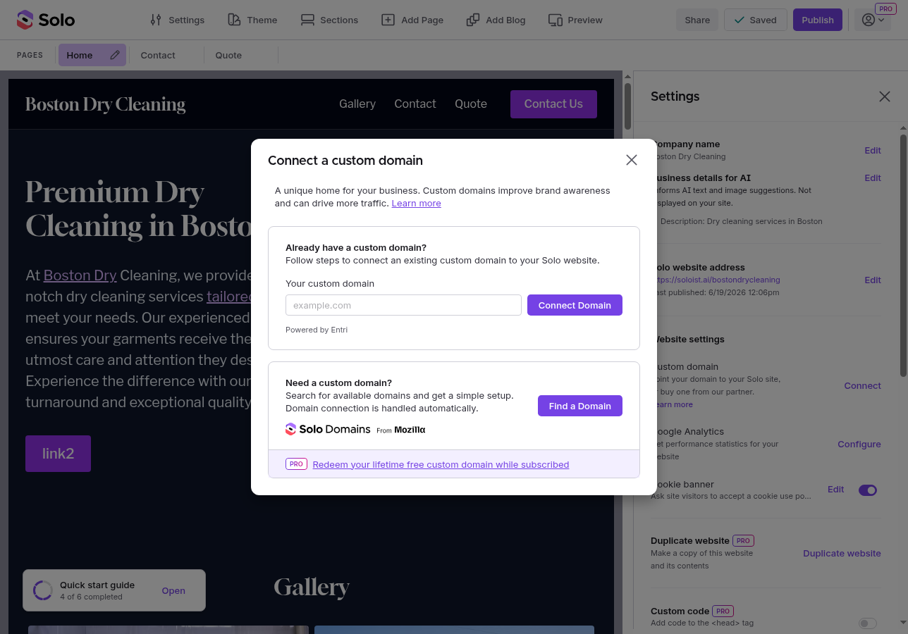 Find a Domain option in the custom domain modal