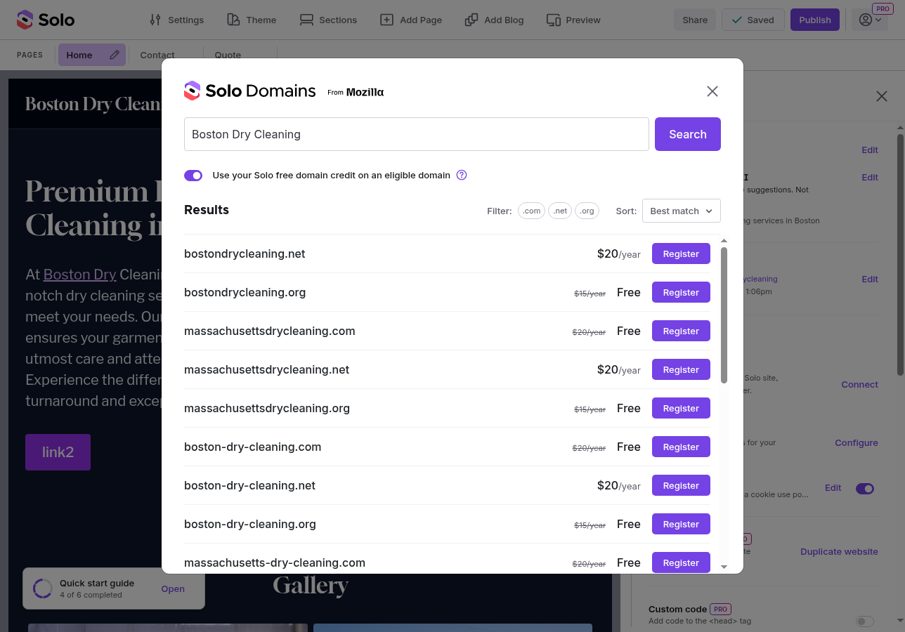 The Solo Domains search interface showing domain name results with prices and Register buttons