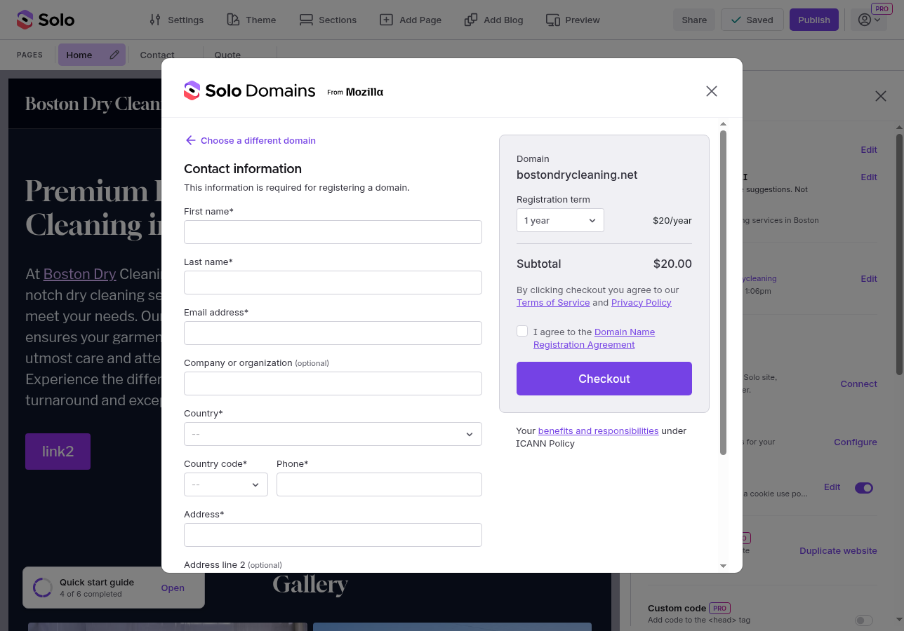 The domain checkout screen showing the Contact information form with fields for name, email, address, and phone