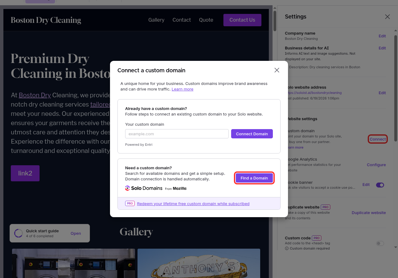 The Connect a custom domain modal with the Find a Domain button highlighted
