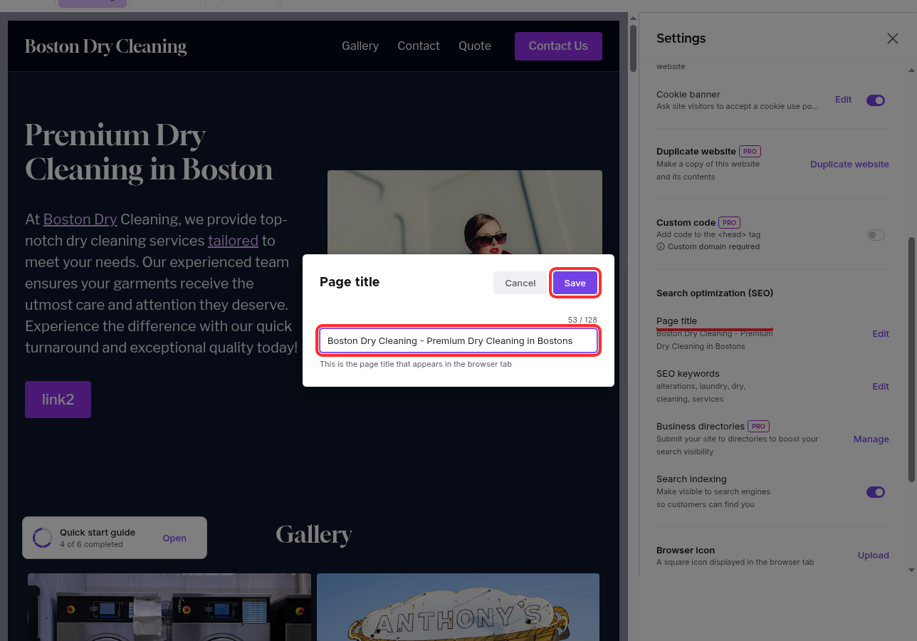 The Save button highlighted in the Page title modal