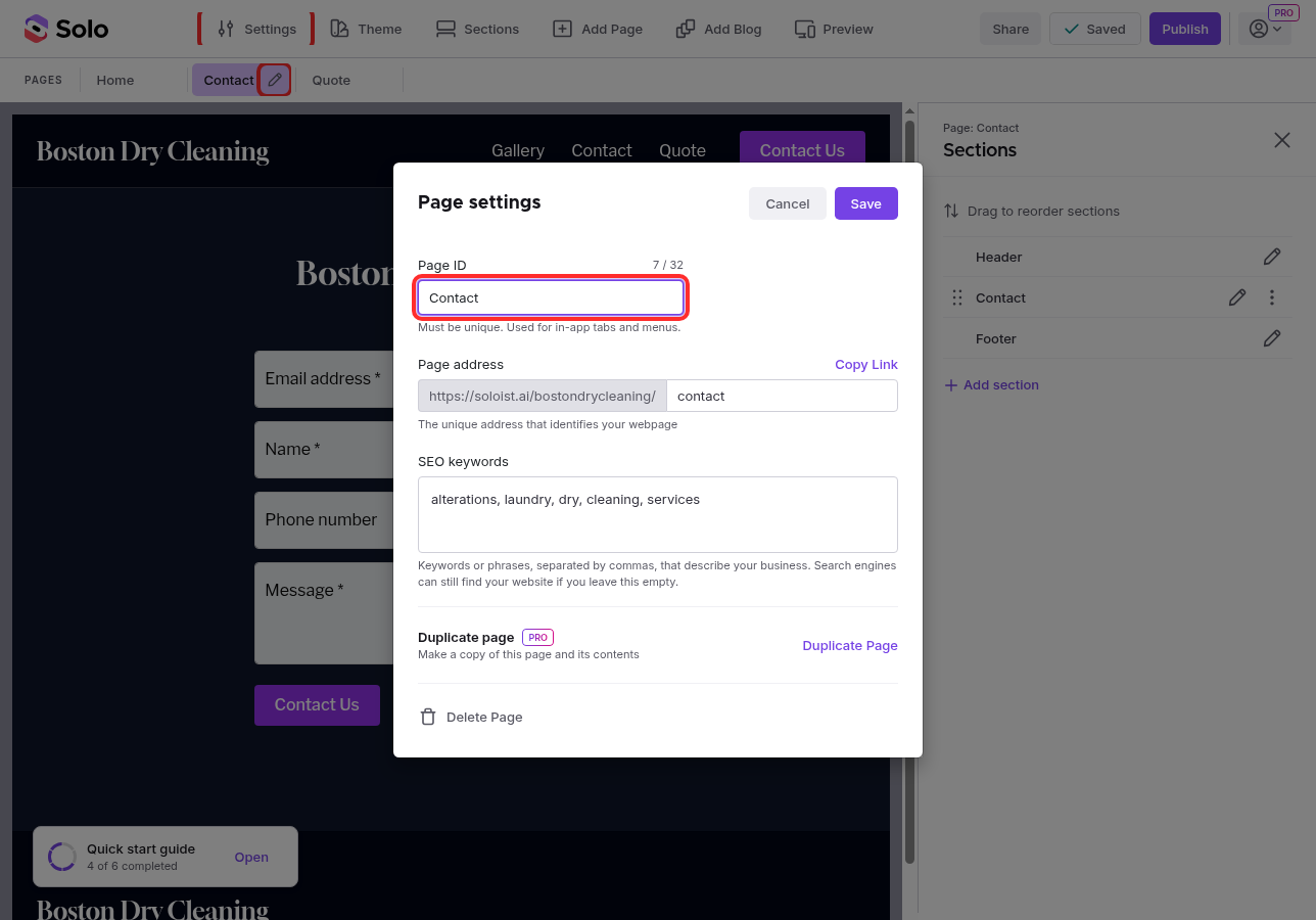 The Page settings modal with the Page ID field highlighted