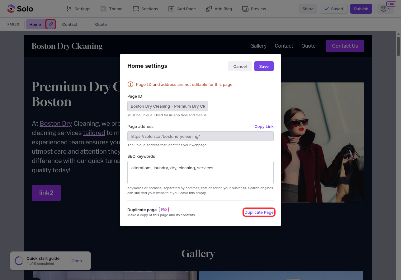 Click the Duplicate Page button in the Page settings modal