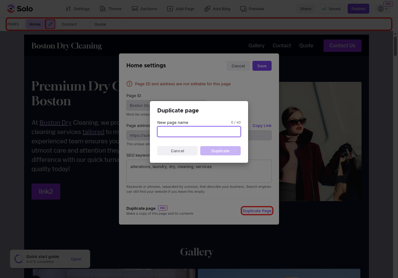 The duplicated page appears as a new tab in the pages toolbar
