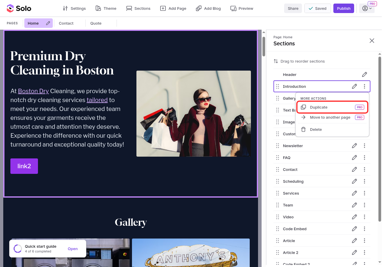 The MORE ACTIONS dropdown open on a section in the Sections sidebar, with the Duplicate option highlighted