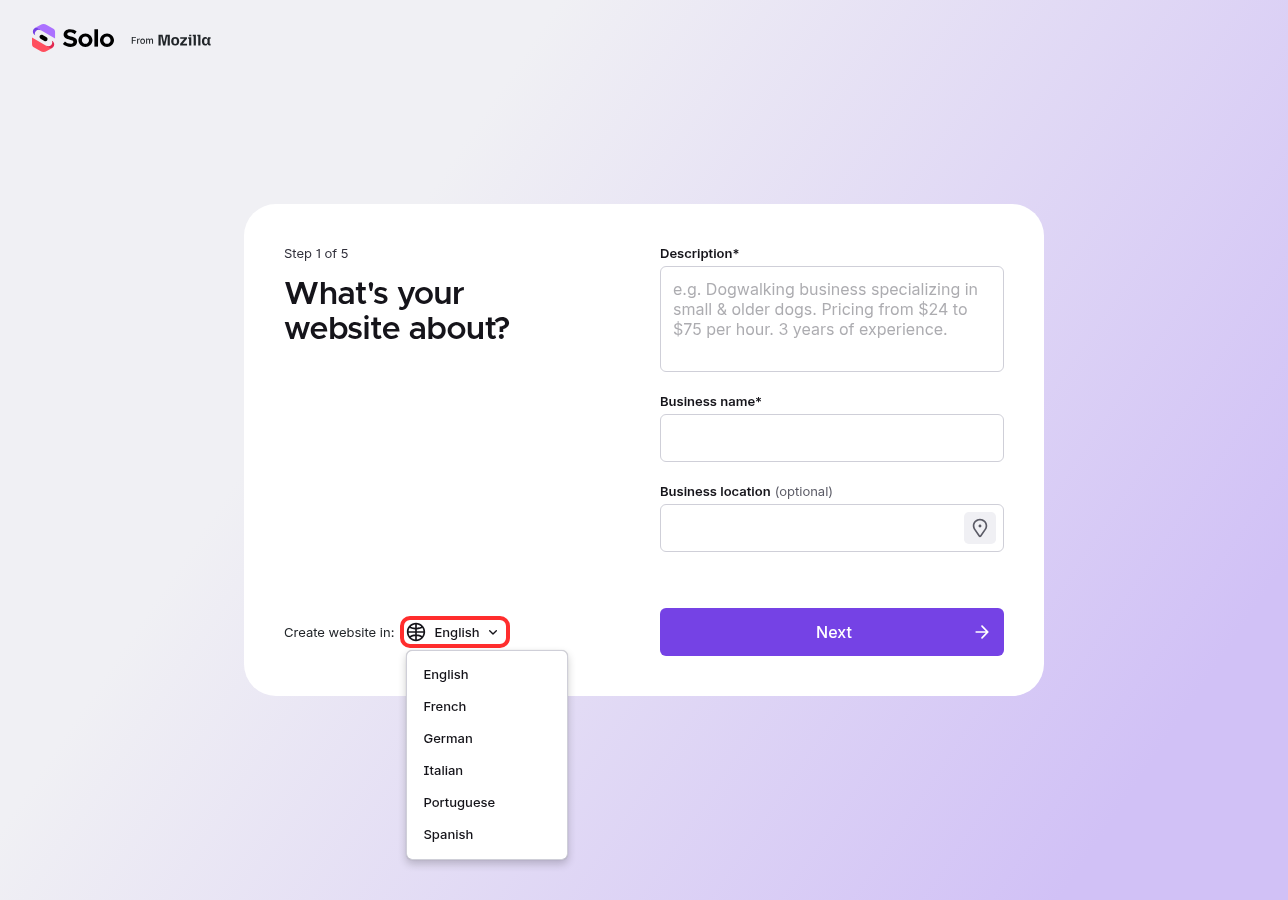 Language picker in Solo onboarding
