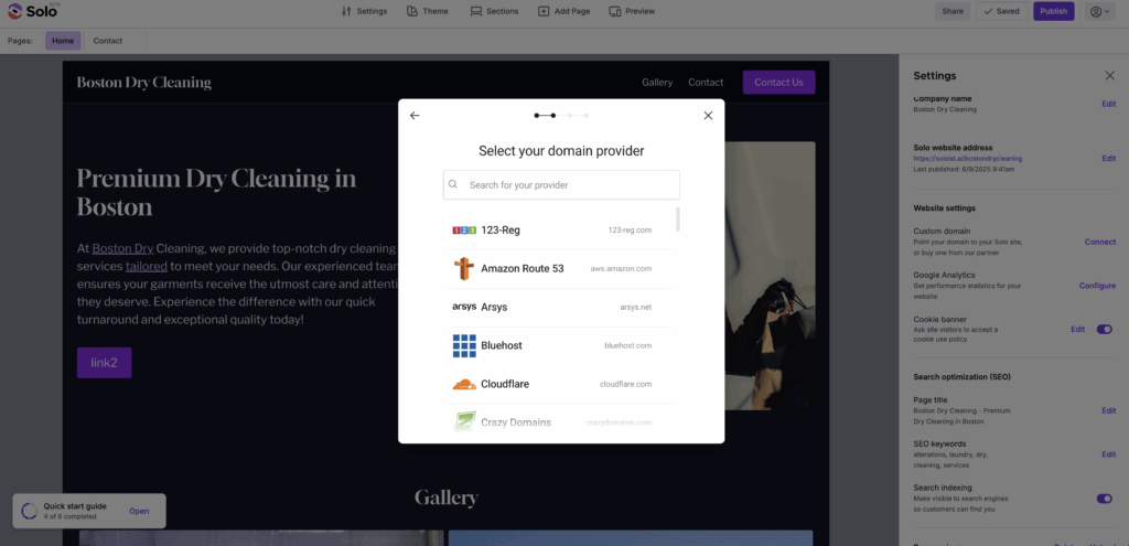 DNS provider selection list with Go to our manual setup option at bottom