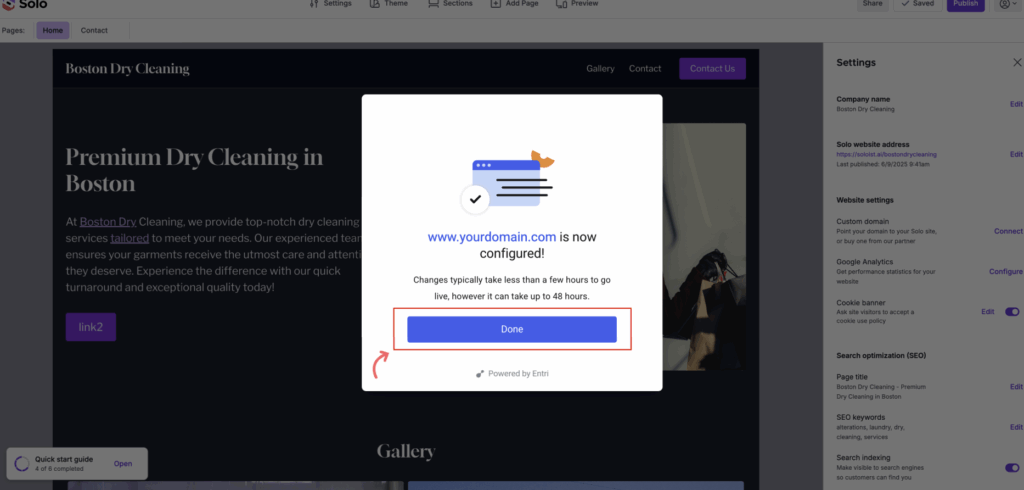 Custom domain connection initiated showing success message