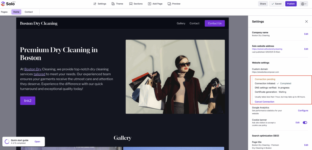 Custom domain connection in progress status in Settings sidebar