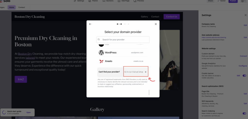 Manual setup link option below the Continue button