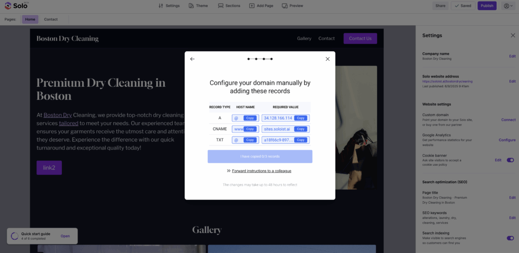 DNS records display showing A, CNAME, and TXT records with Copy buttons