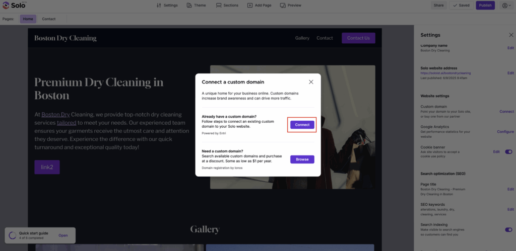 Custom domain connection modal with Connect and Browse options