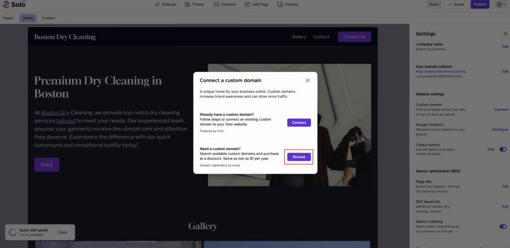 Browse domains option showing IONOS partnership