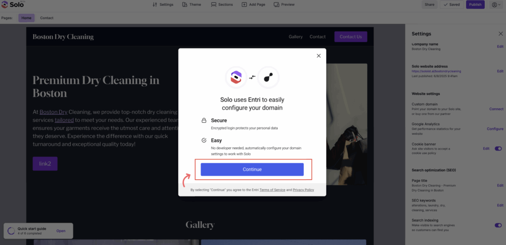 Continue button in the custom domain setup modal