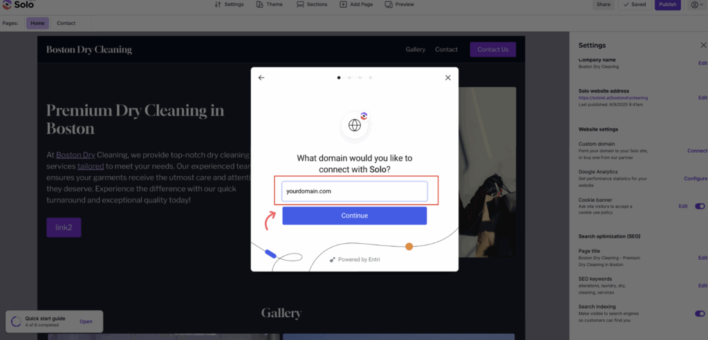 Domain name input field for entering your custom domain