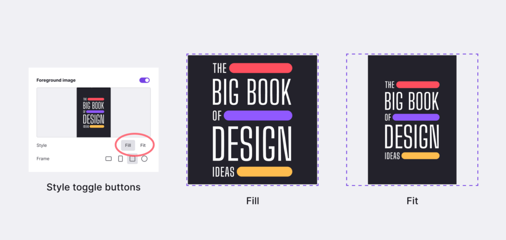 Interface detail of fit and fill toggle buttons, and examples of how an example book cover would look with each of the settings.