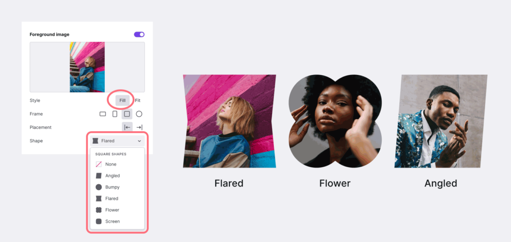 Interface detail showing the location of the shape selection menu, and example portrait images with non-square frames applied.