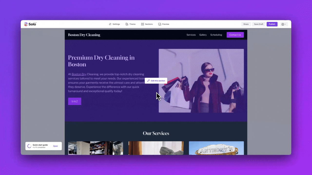 Animated walkthrough showing how to add business hours to Contact section