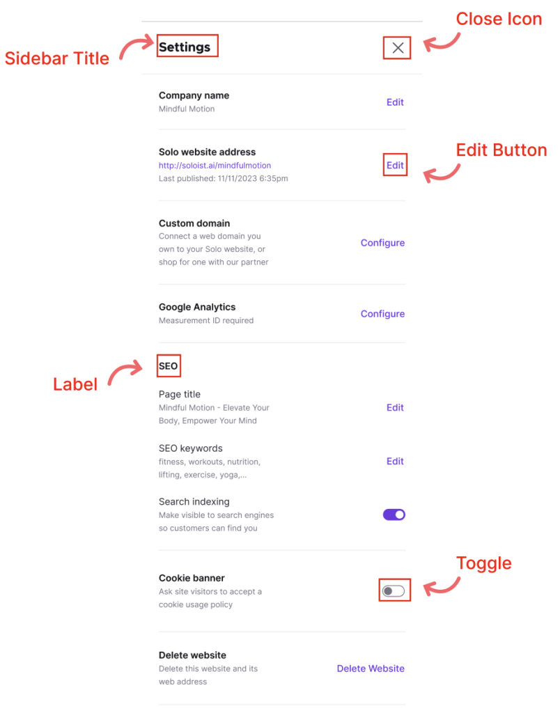 Screenshot of Settings sidebar panel