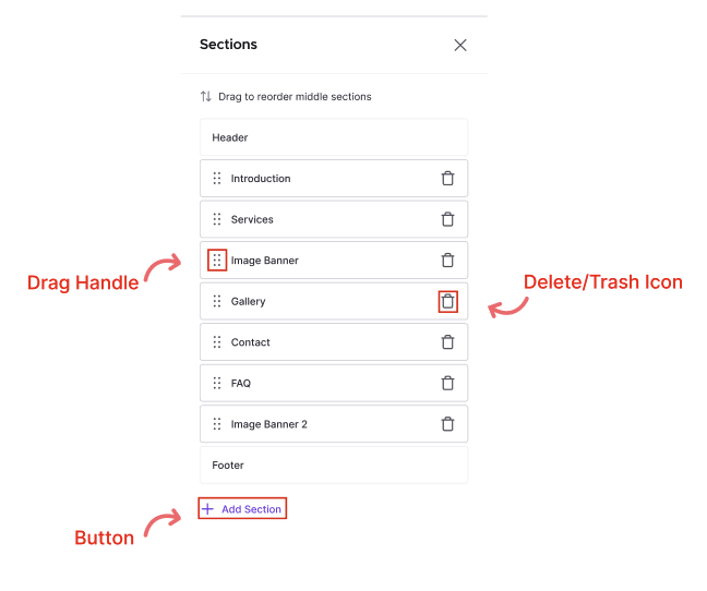 Screenshot of Sections sidebar panel