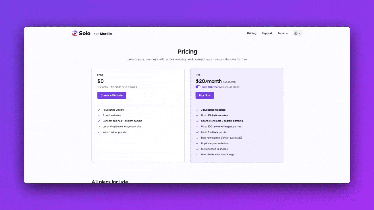 Animated walkthrough showing how to upgrade to Solo Pro from pricing page