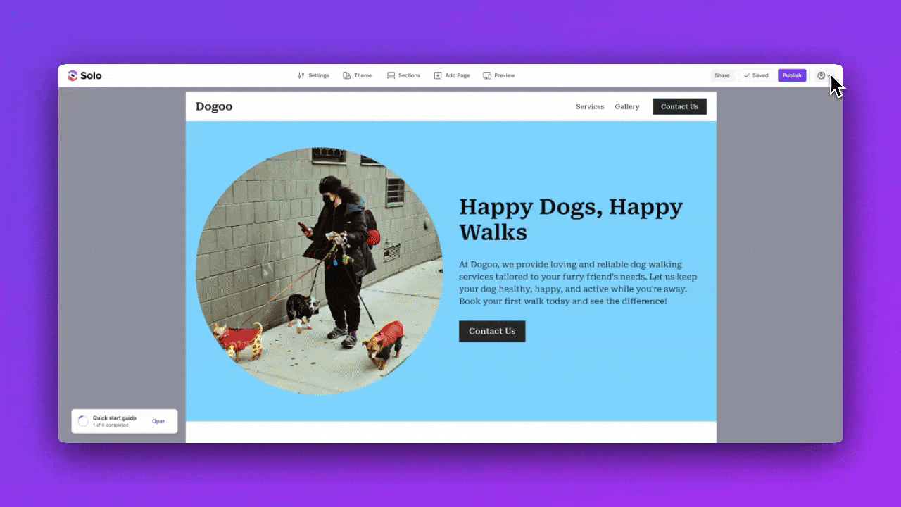 Animated walkthrough showing how to upgrade to Solo Pro from website designer
