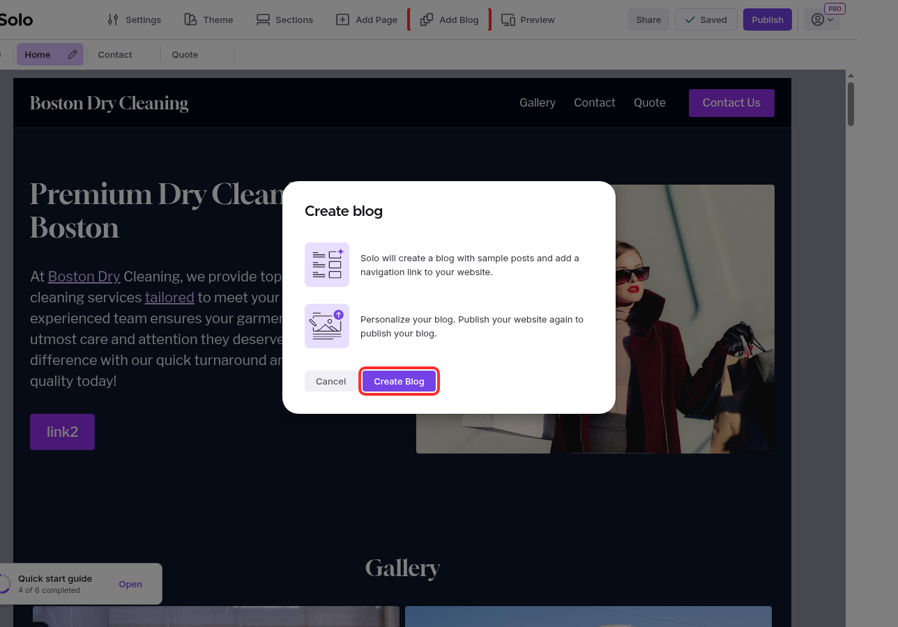 The Add Blog modal with the Create Blog button highlighted in red.
