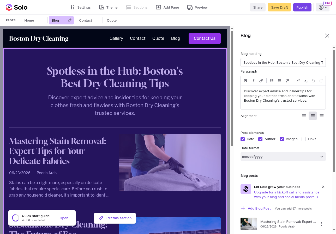 The designer after blog creation, showing the blog canvas with 3 sample posts and the blog right sidebar open.