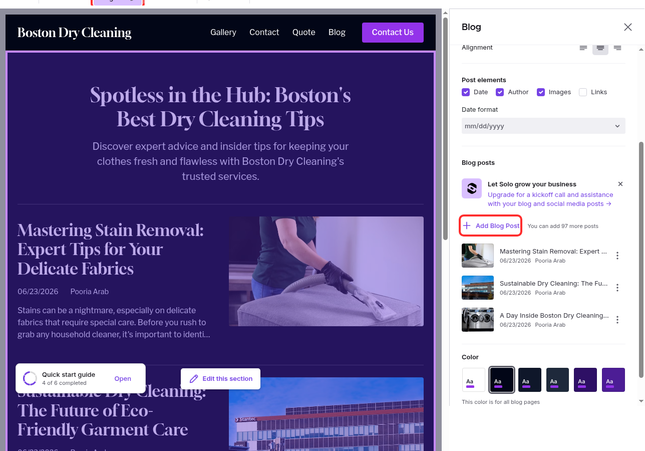 The blog right sidebar with the + Add Blog Post button highlighted in red.