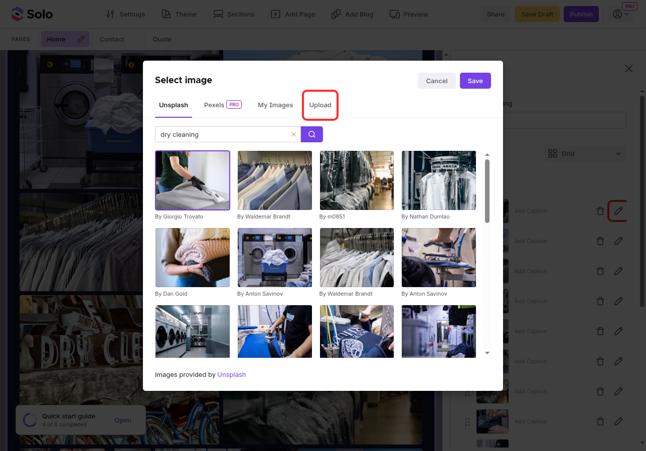 The Select image dialog showing Unsplash, Pexels PRO, My Images, and Upload tabs — Upload tab highlighted in red