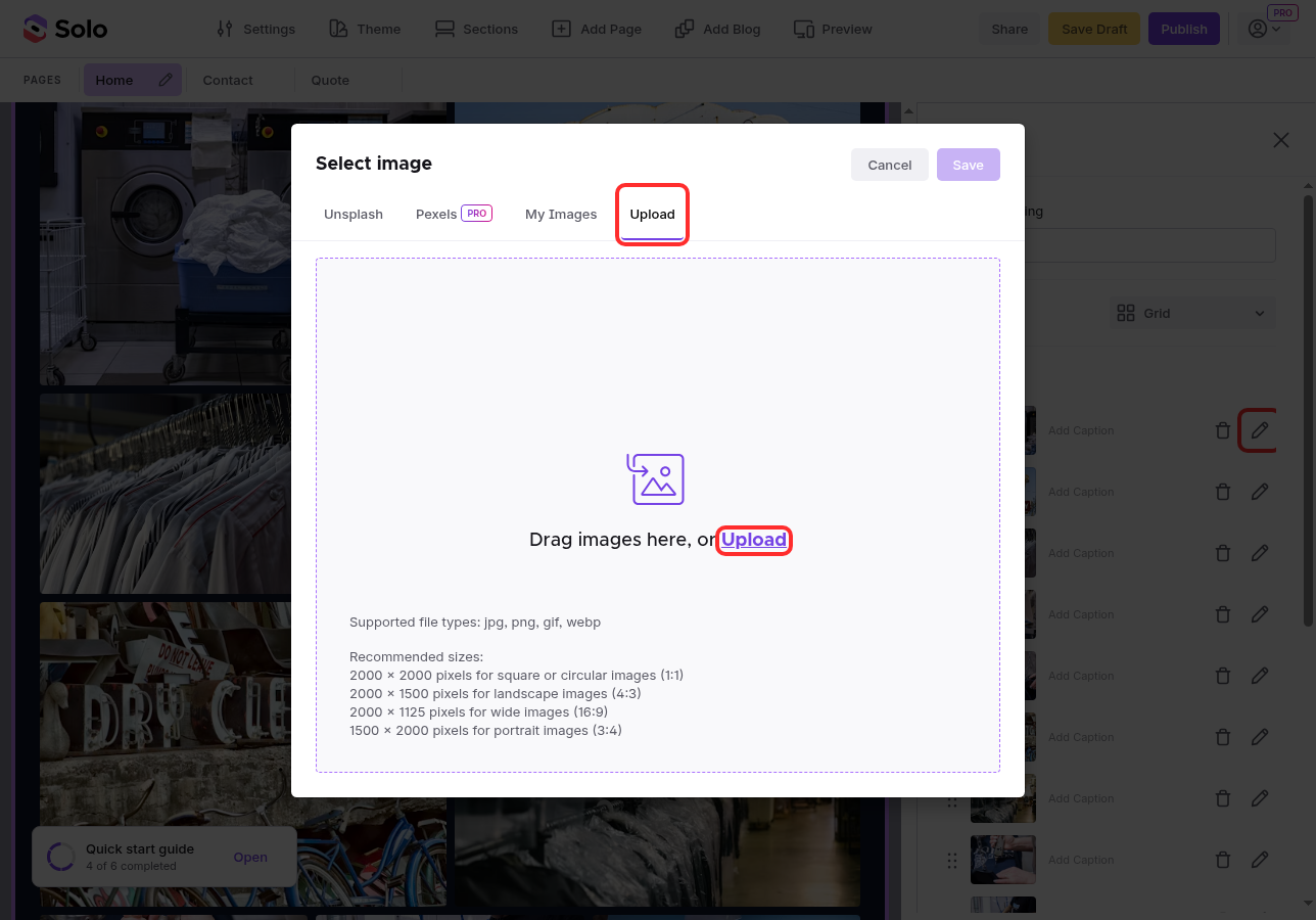 The Upload tab showing a drag-and-drop zone with an Upload link highlighted in red