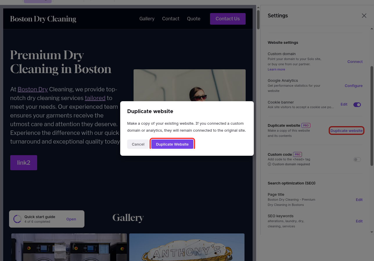 The Duplicate Website confirmation modal with the Duplicate Website button highlighted