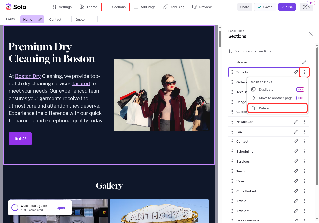 The section options dropdown open showing the Delete option highlighted in red