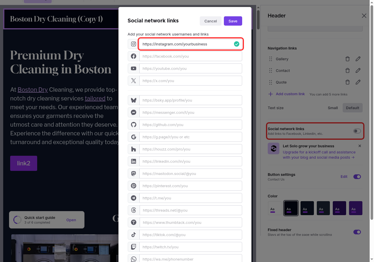 The expanded More Networks list with a profile URL added