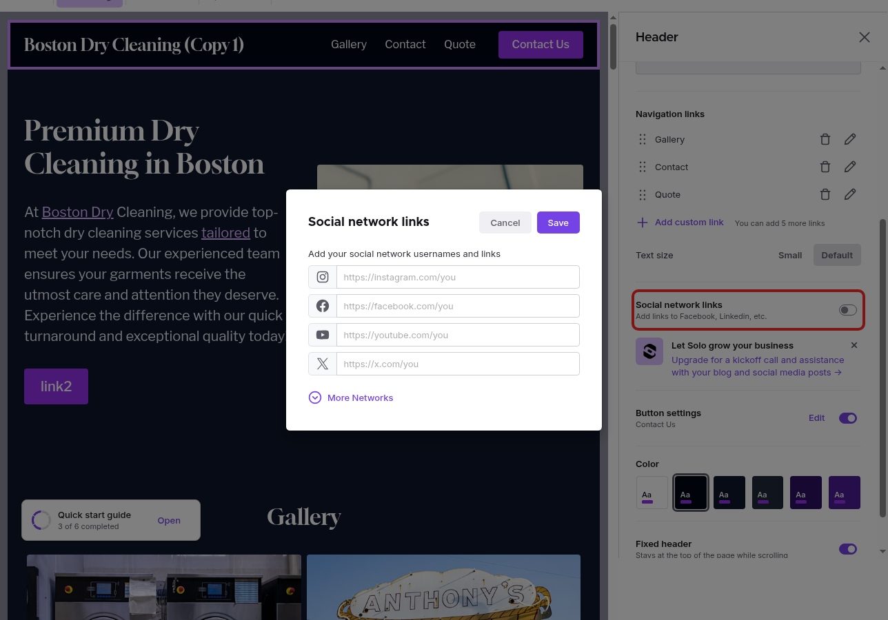 The Social network links dialog, opened from the toggle in the Header editor