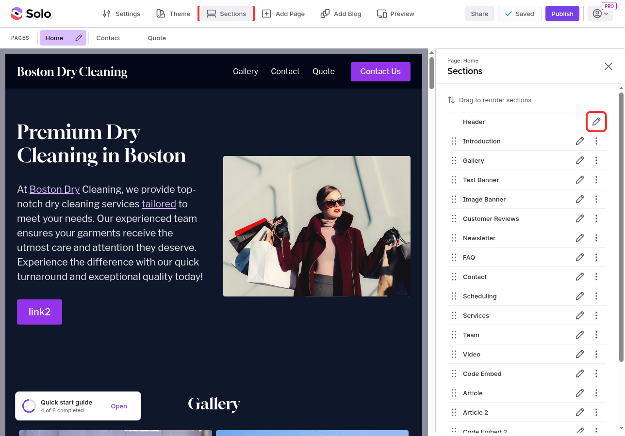 Click the edit icon next to Header in the Sections panel