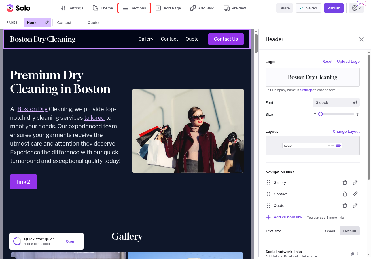 Navigation links list in the Header sidebar