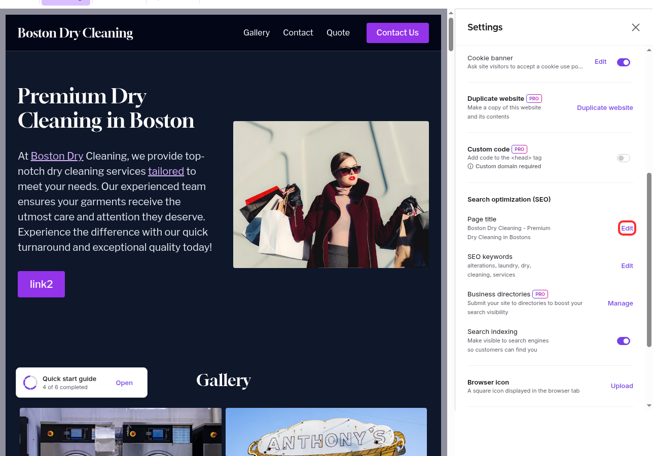 Settings panel with the Edit button next to Page title highlighted