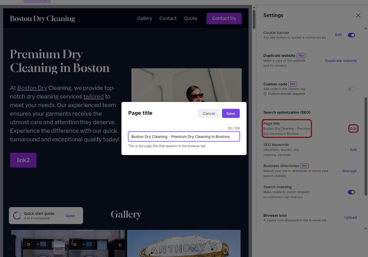 Page title edit dialog showing the current title with Save and Cancel buttons