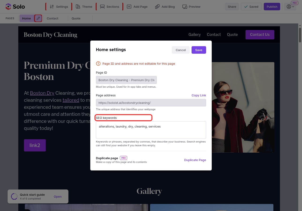 Home page settings dialog showing the SEO keywords field highlighted