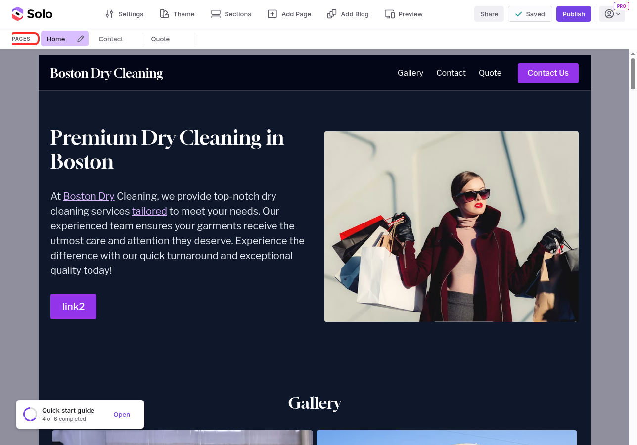Designer left sidebar showing the PAGES section with Home, Contact, and Quote pages highlighted