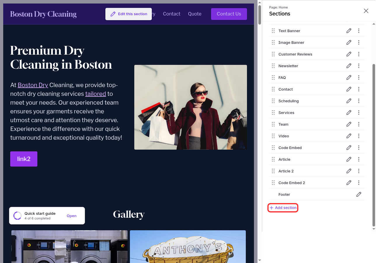 The Add section button highlighted in the Sections sidebar