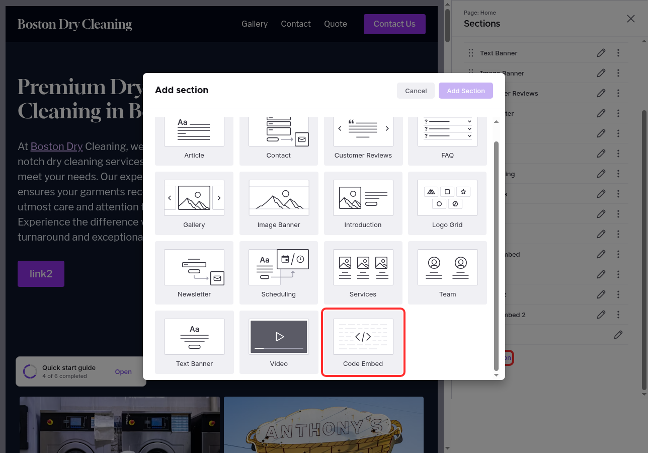 The Code Embed option highlighted in the Add Section modal
