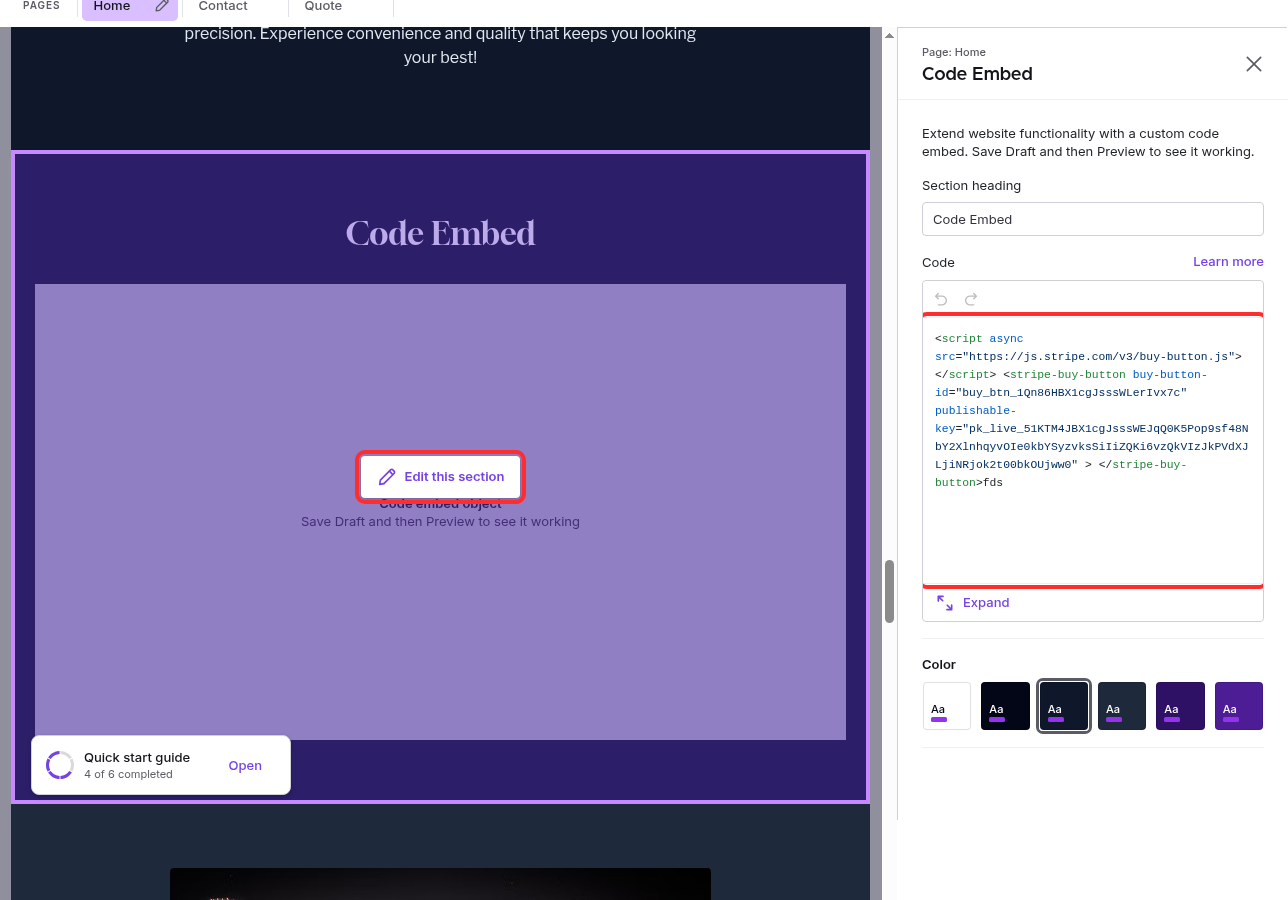 The code editor area highlighted in the Code Embed sidebar