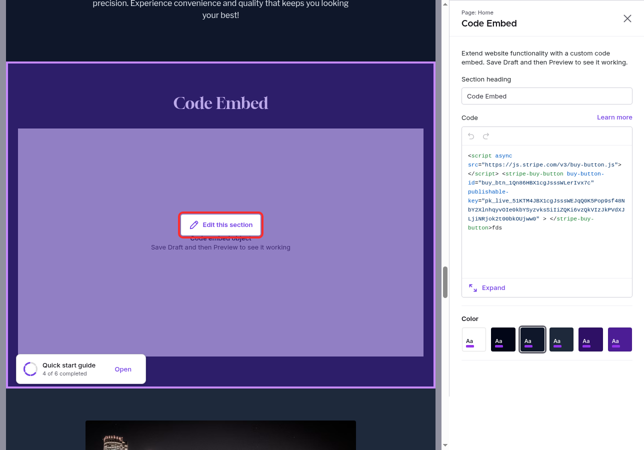 The Edit section button highlighted on the Code Embed section in the designer