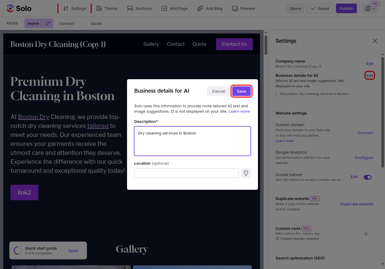 The Business details for AI modal showing the Description and Location fields, with the Save button outlined in red
