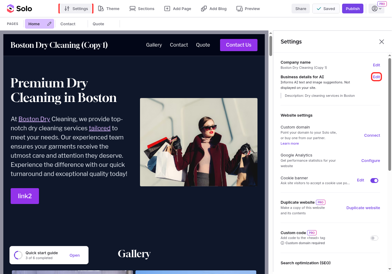The Settings sidebar showing the Business details for AI section with the Edit button outlined in red