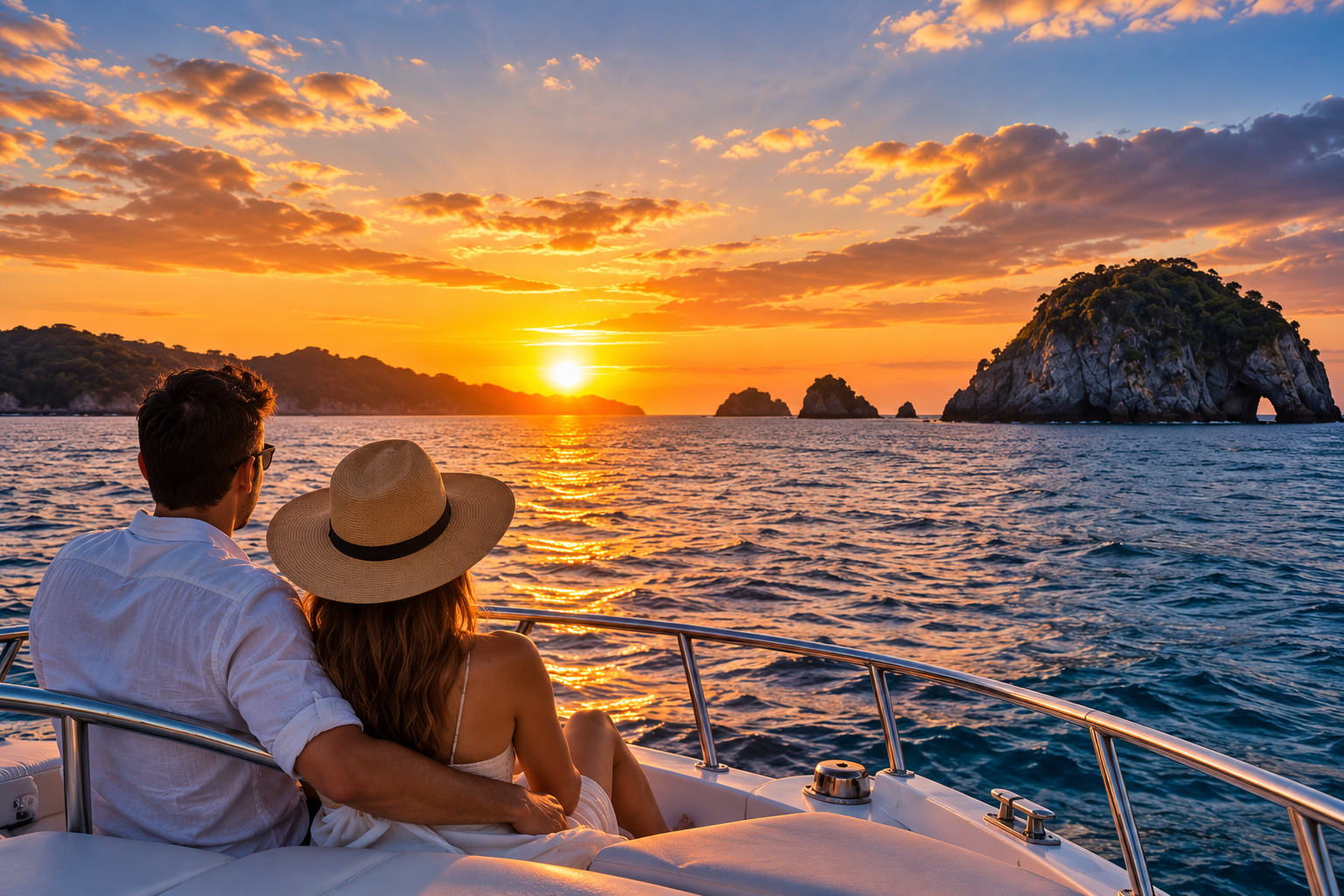 Couple watching sunset from the boat (AI placeholder — demo only)
