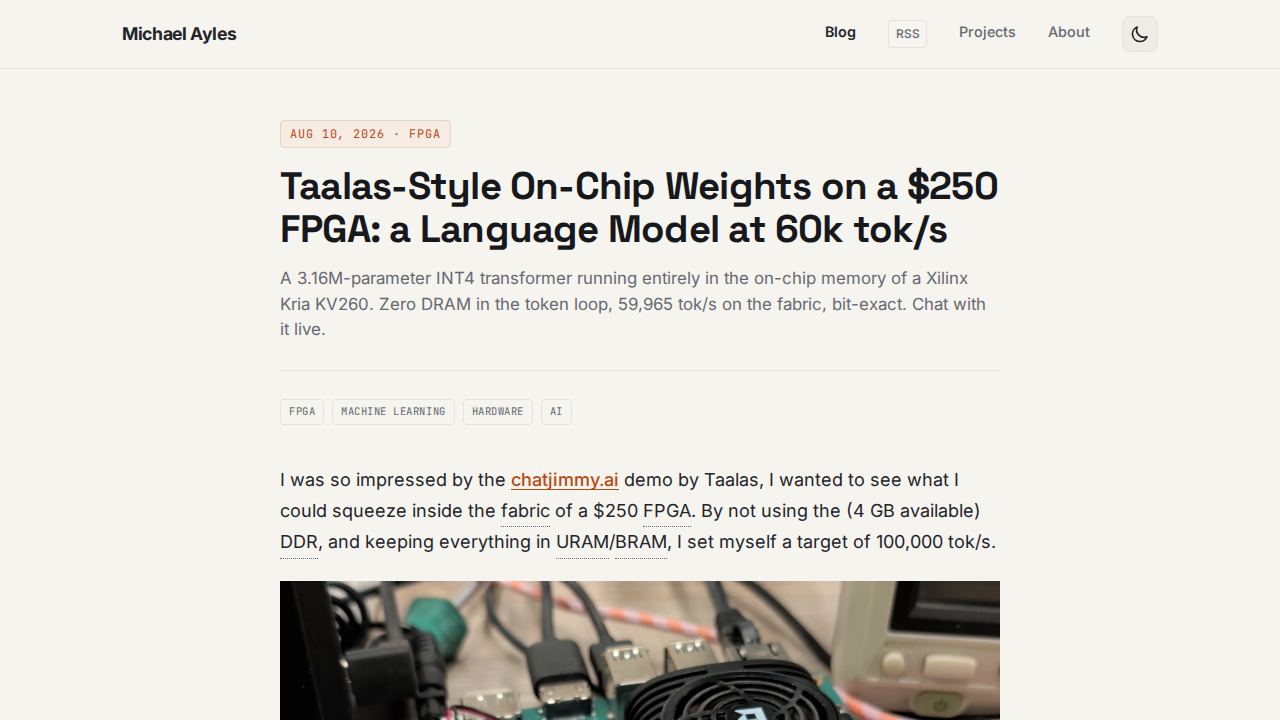 Taalas-Style On-Chip Weights on a $250 FPGA: a Language Model at 60k tok/s 1